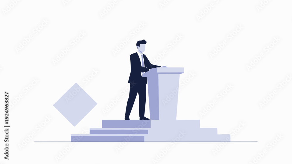Obraz premium Businessman Speaking at Podium on Stage with Steps and Geometric Shapes