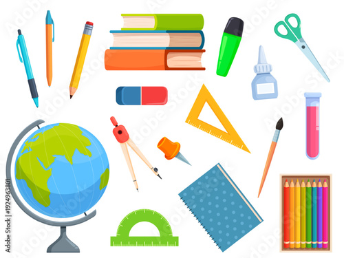 School children stationery. Educational elements for painting and writing. Pencil, books pile, notebook and diary, ruler, globe. Lesson items, sapid vector clipart