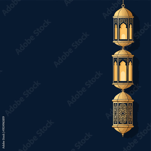 Ornate lanterns suspended vertically on a dark blue background, showcasing intricate designs and golden hues