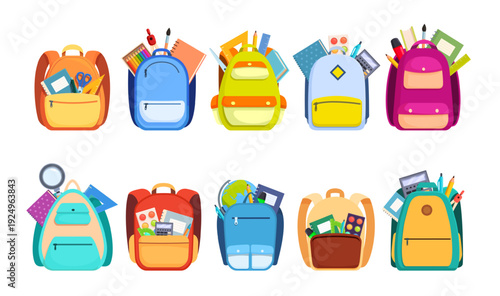 School backpack. Kindergarten, preschool items, backpacks for young students. Different stationery, paints, books, coloring pencil kit and marker, sapid vector clipart