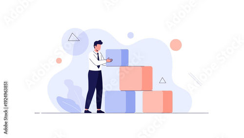 Businessman Stacking Boxes, Business Growth, Strategy, Planning, Success, Flat Design