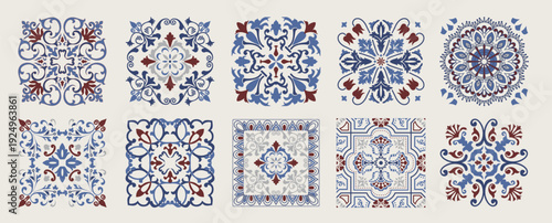  Set of 10 tiles azulejios. Mediterranean tile, seamless patterns. Spanish, Sicilian, Portuguese, Italian traditional ornaments. Set of floral mosaic designs with ethnic motifs. vector