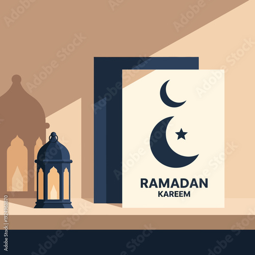 Ramadan Kareem greeting card with lantern and mosque silhouette in the background