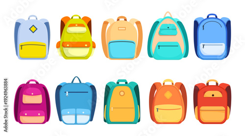Empty school backpacks. Student backpack icons, bright bags for study in kindergarten, preschool, college or university. Sporty bags sapid vector clipart