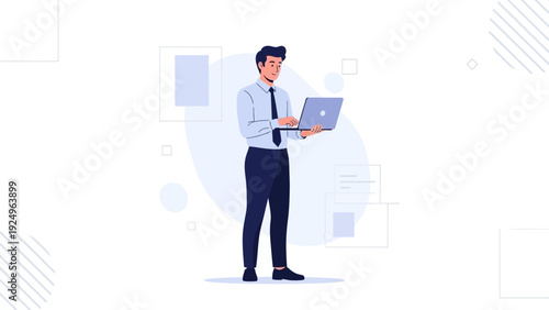 Businessman using laptop, modern office illustration, flat design style