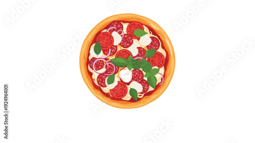 A simple and clean top-down vector illustration of a whole pizza with salami, mozzarella, fresh tomatoes, and basil leaves.