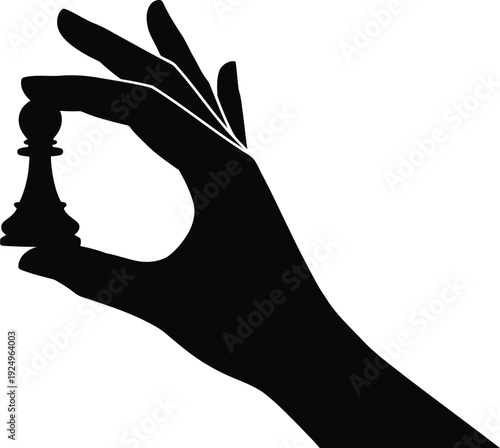 A human hand shown in silhouette holding a small black chess pawn ready to make a strategic move