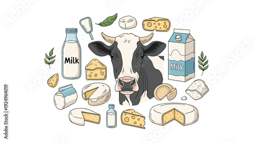 A circular composition of hand-drawn dairy products like milk and various cheeses, with a detailed illustration of a cow's head at the center.