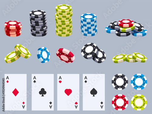 Cartoon gaming chips and cards. Playing chip falling, piles, stand various angles. Card for play. Gambling equipment, slot machine, casino, sapid vector set