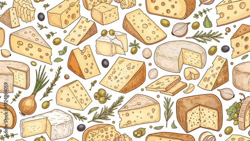 A seamless pattern of various hand-drawn cheeses, including brie, parmesan, and emmental, mixed with fresh herbs and olives.