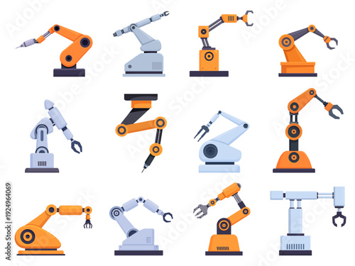 Cartoon robotic arms. Robot manipulators for factory or manufacturer. Modern industrial workers, machinery and technology. Automated hands for conveyor, sapid vector icons