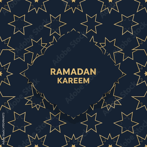 Celebration of Ramadan with golden stars on a dark blue background, viewed from directly above