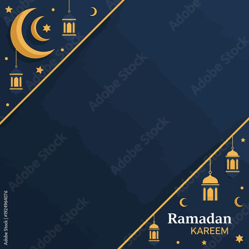 Celebrating Ramadan with crescent moon and lanterns in a dark blue environment from a top viewpoint