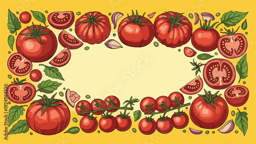 A vibrant food frame with various hand-drawn red tomatoes, including cherry tomatoes and slices, on a bright yellow background.
