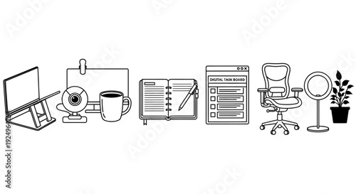 Modern home office essentials and digital productivity tools for remote work.