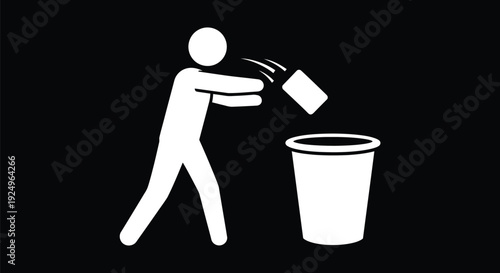 A simple graphic illustration depicting a stick figure person actively disposing of a small item into a waste bin, emphasizing proper trash disposal and cleanliness