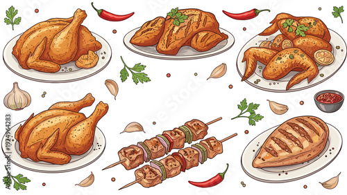 A delicious set of cooked chicken dishes, including whole roasted chicken, grilled breast, spicy wings, and meat kebabs on skewers.