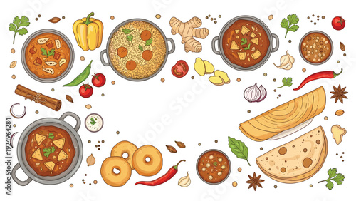 A decorative food frame of traditional Indian dishes, including various curries, dosa, and spices, with a blank space for text.