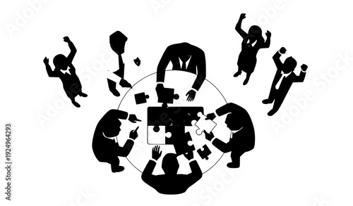 Team-building vector illustration with business colleagues solving puzzles on white background