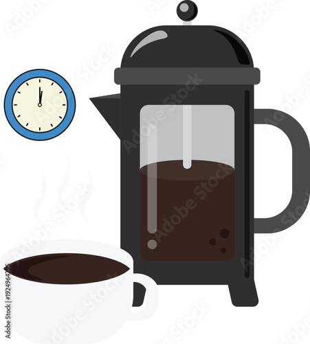Flat vector illustration of a French press coffee maker with freshly brewed hot coffee, a steaming cup, and a wall clock showing brew time.