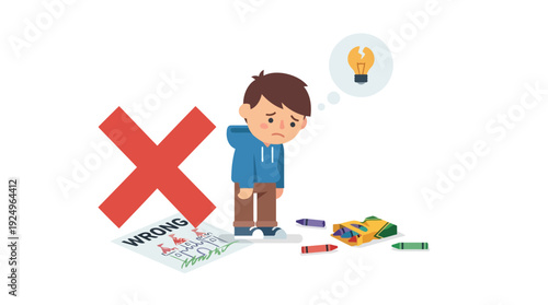 Sad boy thinking about a broken tooth, wrong answer, and crayons.