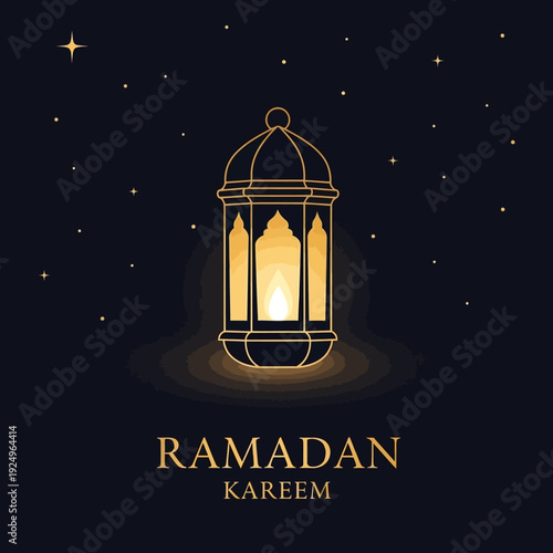 A serene lantern glows brightly in the night sky during Ramadan, symbolizing peace and spirituality, viewed from a direct perspective.