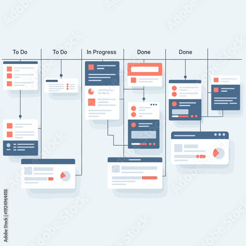 Project management workflow illustration showing task progression from to-do to completion with various task cards and status updates