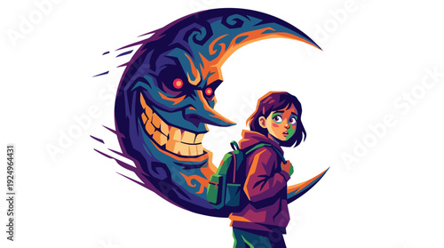 Young Girl Standing with a Creepy Moon Illustration.