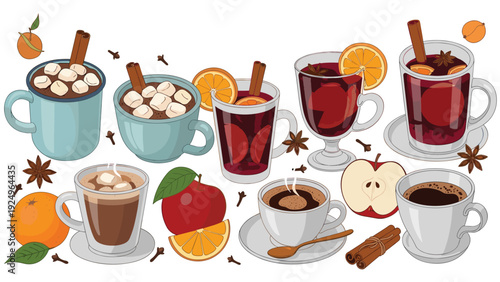 A cozy collection of warm winter drinks, including mulled wine, hot chocolate with marshmallows, and coffee, perfect for the holiday season.