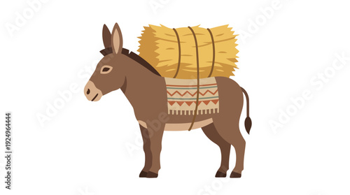 Cute Donkey Carrying Hay Bale on its Back.