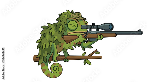 Chameleon hunter with sniper rifle on branch, aiming precisely at target.