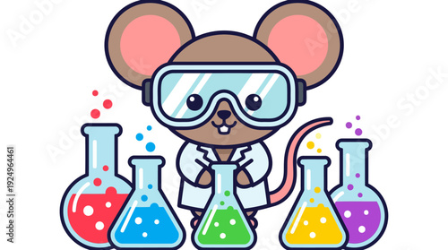 Cute Cartoon Mouse Scientist with Lab Goggles and Beakers.