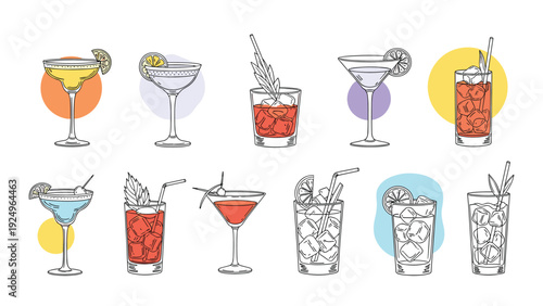 A large collection of hand-drawn classic cocktails in various glasses, illustrated in a stylish sketch style with colorful abstract shapes.