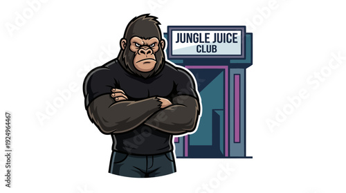 Strong Gorilla Bouncer Standing Guard at Nightclub Entrance.