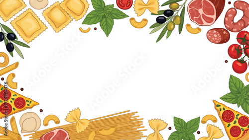 A delicious food frame featuring various Italian cuisine elements like pasta, pizza, ravioli, and fresh ingredients with central copy space.