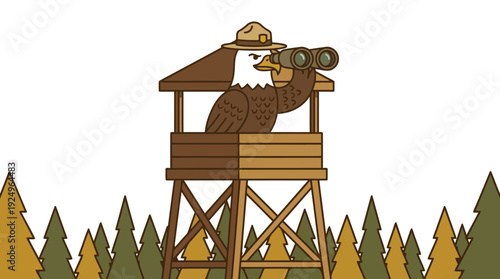Cartoon turkey ranger in fire lookout tower observing forest with binoculars.