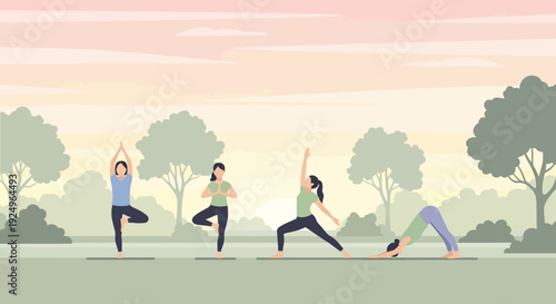 Serene yoga practice in a lush park with women in various poses at sunrise