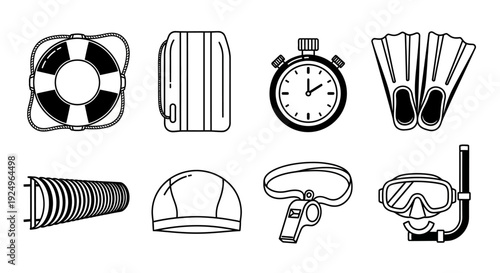 Set of swimming and diving equipment icons