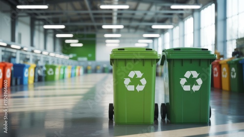 Two green recycling bins with recycling symbols stand prominently in a large, bright, indoor recycling center filled with various colored bins.