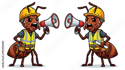 Angry Ant Workers Shouting Through Megaphones Wearing Hard Hats and Vests.