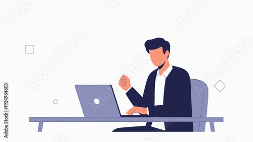 Businessman working on laptop, celebrating success with fist pump, modern office desk