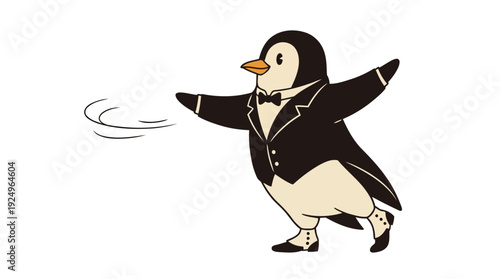 Elegant Penguin in Tuxedo Dancing with Graceful Movement.