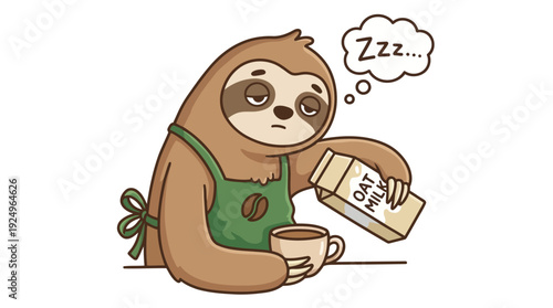Sleepy Sloth Barista Pouring Oat Milk into Coffee Cup.