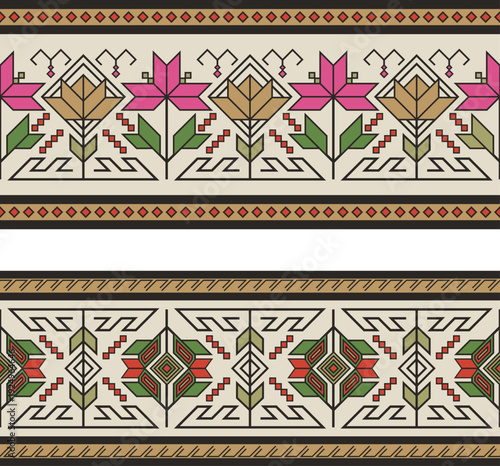 Traditional Slavic, Balkan, Bulgarian decorative border seamless vector series. Ornamental motifs for folklore costume, clothing, textile, embroidery, damask, craft knitting, sewing. Cultural heritage