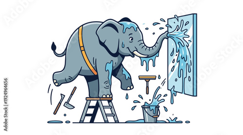 Elephant Window Washer Cleaning Glass with Water and Tools.