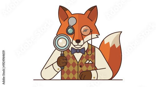 Intelligent Fox Detective with Magnifying Glass and Monocle.