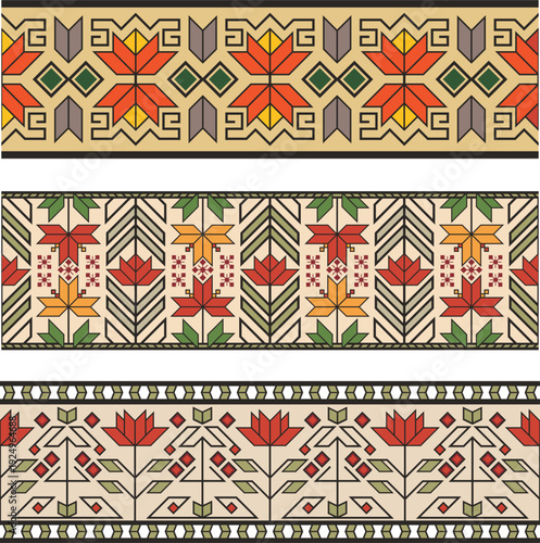 Traditional Slavic, Balkan, Bulgarian decorative border seamless vector series. Ornamental motifs for folklore costume, clothing, textile, embroidery, damask, craft knitting, sewing. Cultural heritage