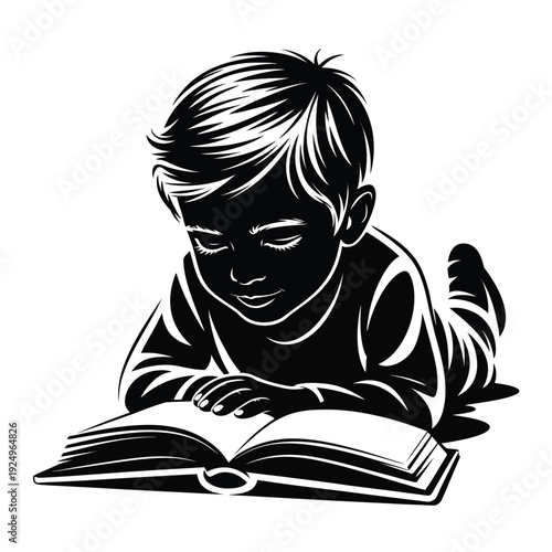 Young reader engrossed in an open book, lost in a world of stories and imagination. isolated on white background, Vector, illustration