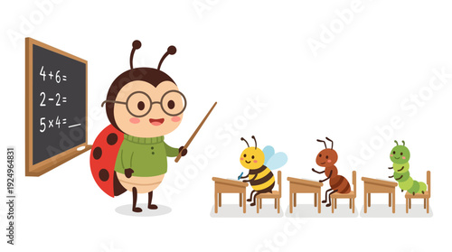 Cute ladybug teacher with glasses teaching insect students in a classroom setting.