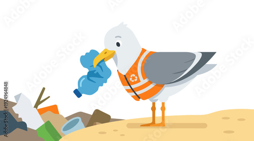 Seagull cleaning up plastic bottle from polluted beach environment.